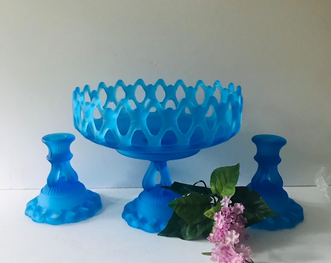 Vintage Westmoreland Frosty Blue  Doric Open Lace Console Set, Bowl and Candlestick
