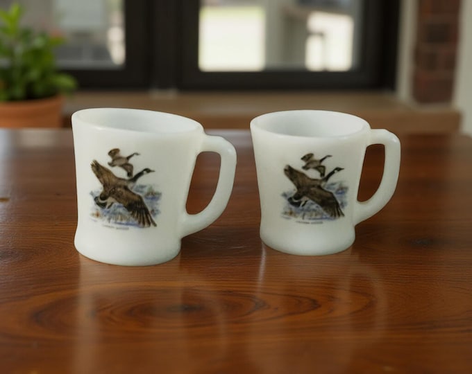 Vintage Fire King Coffee Mug Cup Canadian Goose D Handle White Oven Ware USA