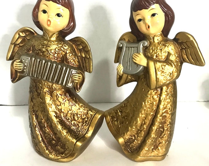 Vintage Gold Angels Playing Musical Instrument, Accordion and A Harp