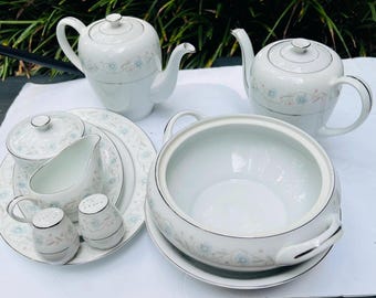 Fine China of Japan English Garden Teapot, Platter, Sugar Bowl, Creamer, Salt Pepper