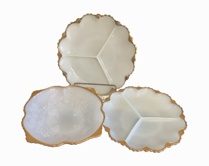 Anchor Hocking  Milk Glass  Relish Dish with Gold Rim/ Milk Glass Harvest Grape Bowl