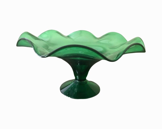 Hand Blown Green Pedestal Bowl with Ruffled Rim