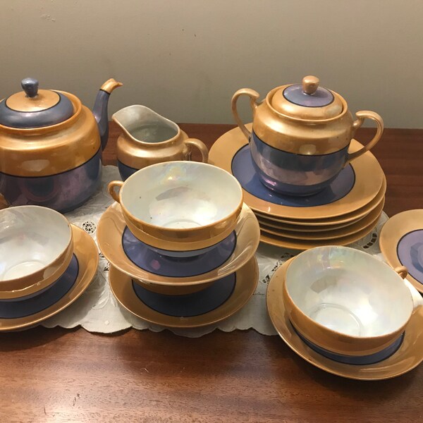 Japanese Lusterware Iridescent Tea set, Teacups, Plates, Saucer, sugar, Creamer, Vintage Orange and Blue Periwinkle Design