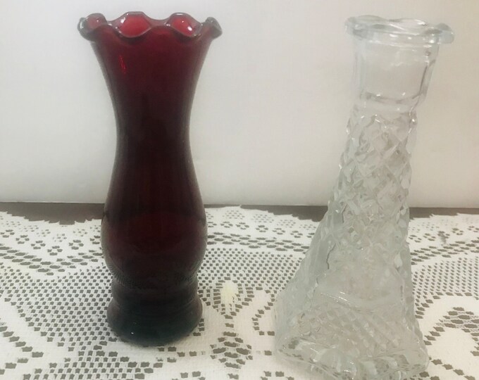 Ruby Red Bud Vase and Wexford Clear Bud Vase by Anchor Hocking