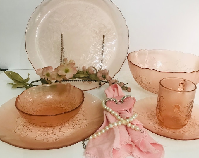 Rosaline Rosa Pink Vintage Arcoroc Rose Floral Pattern Glassware, Mugs, Salad/Dessert Plates, Salad Bowls, and Torte Plate