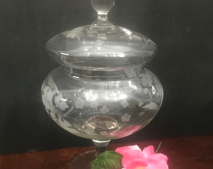 Vintage Handmade/Etched  Crystal Caroline Candy Dish Pedestal with Lid