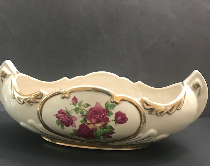 Vintage 1945 Kihl MFG Company Chicago Centerpiece Bowl, Red Painted Roses, Gold Accent/ Centerpiece