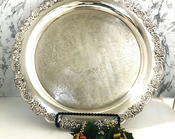 Vintage Oneida Silver Plated Embossed Rose Tray/ Silver Serving Platter