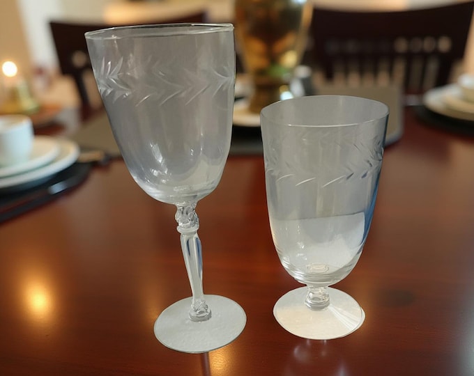 Fostoria Holly Clear Water Goblet: Laurel Leaf Cut, Stem 6030