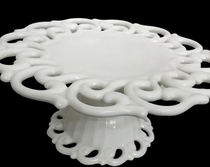 Vintage Fostoria Monroe Milk Glass Cake Stand: Scalloped Lace Edge