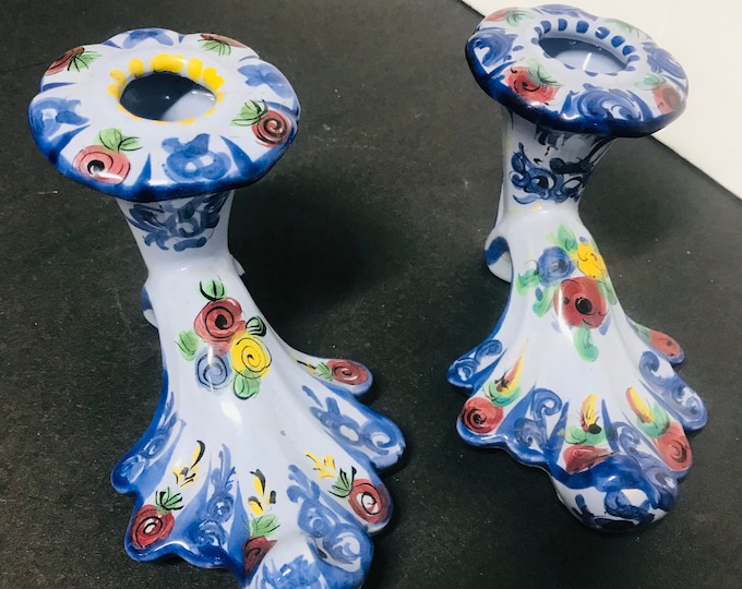 Candlestick Holder/ Vintage Vestal Alcobaga Portugal Handpainted Art Pottery Candlestick Holder