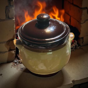 May include: A brown-lidded, ceramic cooking pot with a light yellow body and two side handles. The pot sits in front of a brick oven with flames visible in the background. The pot is designed for cooking.