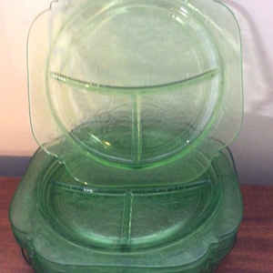 Federal Glass Madrid Grill Plate and one Luncheon  Plate, Vintage Green Plates
