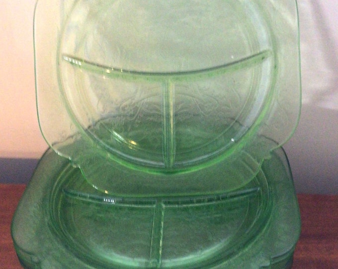 Federal Glass Madrid Grill Plate and one Luncheon  Plate, Vintage Green Plates