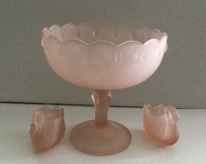 Pink Pedestal Teardrop Dish/Bowl by Indiana Glass with Two Pink Satin Swans, Vintage Pedestal Pink Frosty Candy Bowl/ Pink Compote