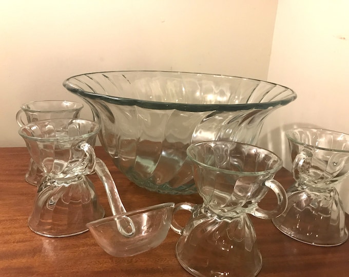 Anchor Hocking Punch Bowl,  Victoria Optic Swirl Punch Bowl with Cups and Ladle