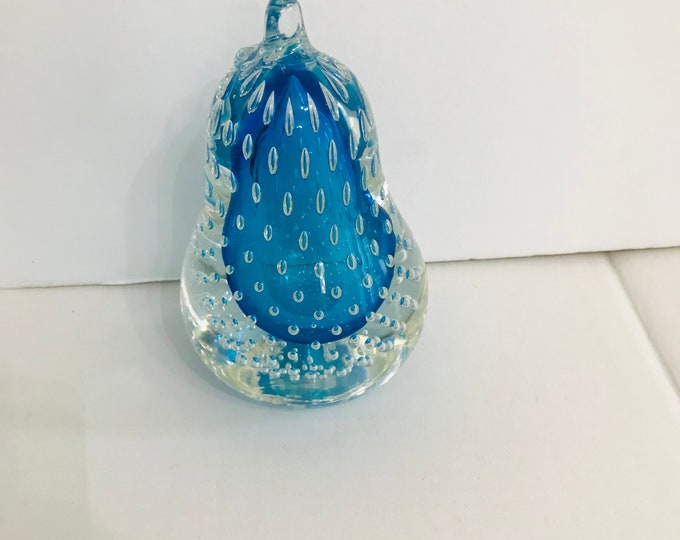 Vintage Blue Bullicante Controlled Bubbles Sommerso Art Glass Paperweight/Office Gift