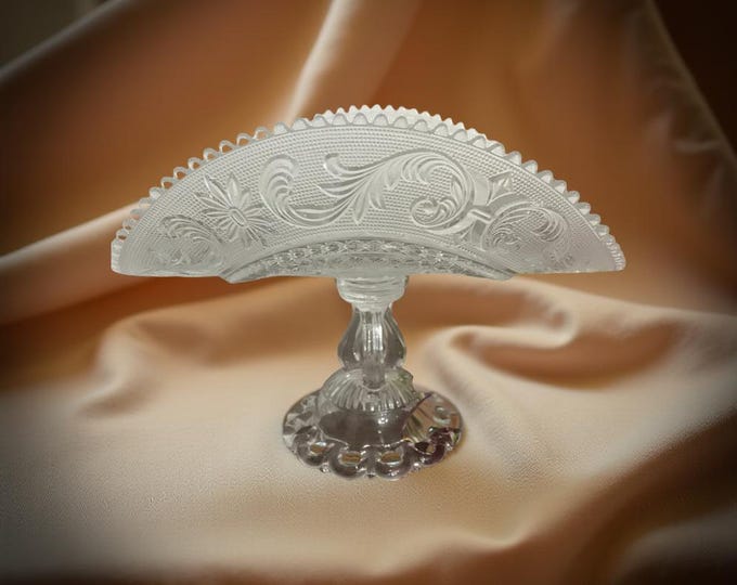 Westmoreland Clear Princess Feather Footed Banana Boat Vase: Sandwich Glass Folded Vase