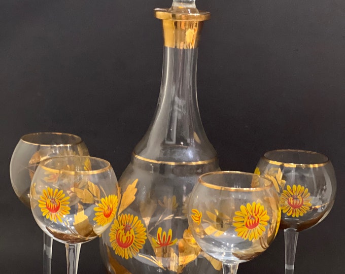 Hand Painted Decanter and Crystal Wine Glasses made in Romania,  Sunflowers,  Gold Leaf Motif, Toasting Goblets