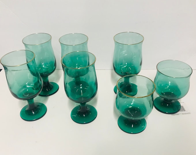 Libbey Vintage Goblets Juniper Green Teardrop Gold Wine Glasses Libbey