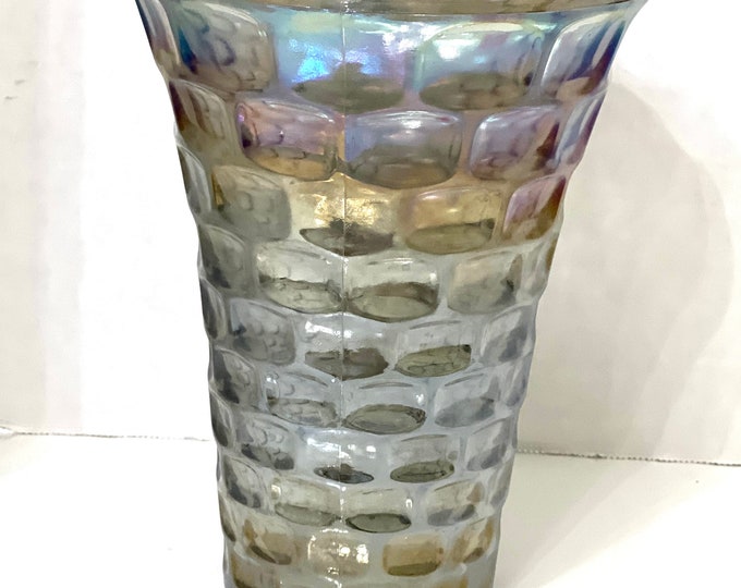 Vintage Federal Glass Smoke Gray Carnival Glass Vase 8 Inch Thumbprint Iridescent Vase with Original Sticker