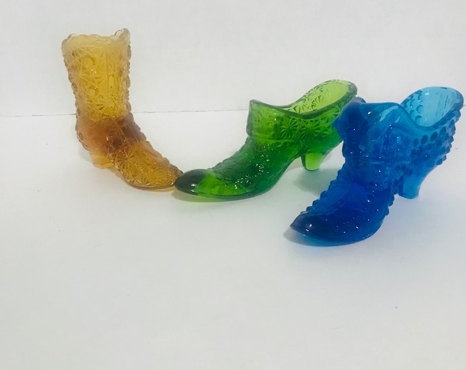 Fenton’s Daisy and Button Shoe,  Green, and Amber Boot, | Blue Cathead Slipper, Hobnail.