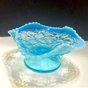 Dugan Opalescent Blue Questions Mark Compote,   Three Pattern Compote