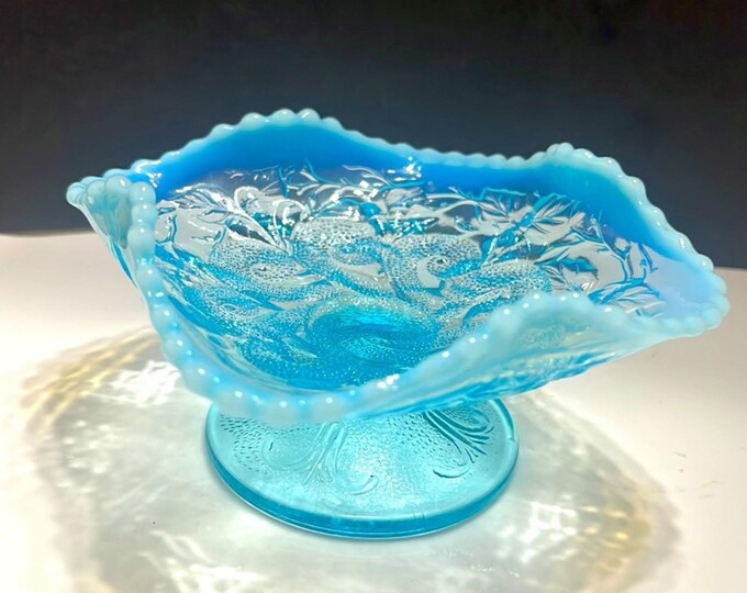 Dugan Opalescent Blue Questions Mark Compote,   Three Pattern Compote