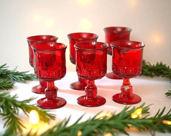 Vintage Ruby Red Wine Goblets: L. G. Wright Stars & Bars Daisy Cube