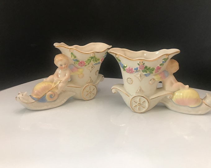 Two Vintage Succulent Cherub Planters, Flower Pot