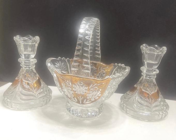 Anna Hutte Bleikristal Lead Crystal Basket and Tapered Candlestick Holders Germany