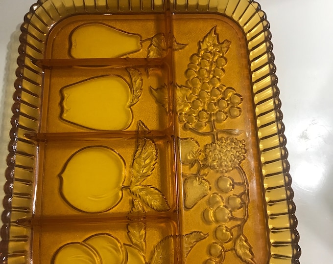 Indiana's Glass Divided Relish Tray/ Embossed Fruit/Golden Amber Color
