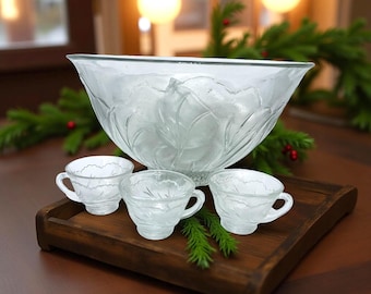 Vintage Indiana glazen punch bowl set: kiezelsteen, 12 kopjes, pollepel
