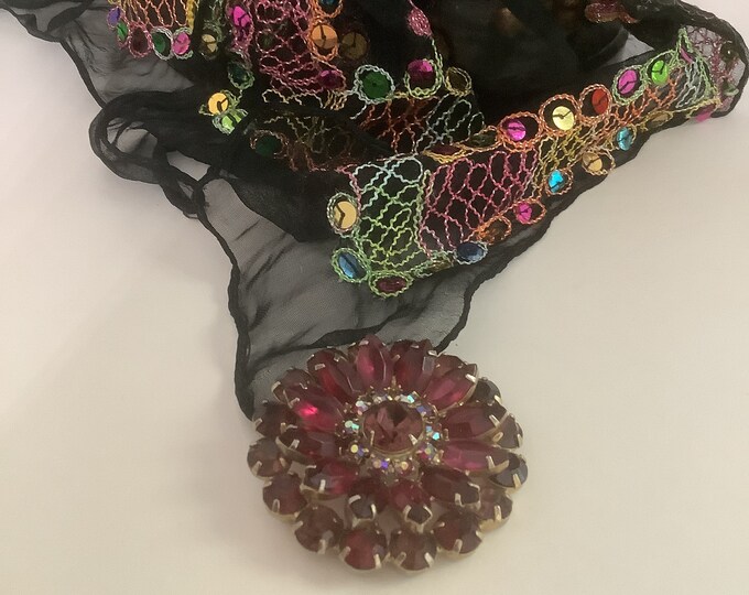Vintage Brooch Purple Rhinestones Surrounded by Borealis Aurora smaller stones  and Berkshire Scarf