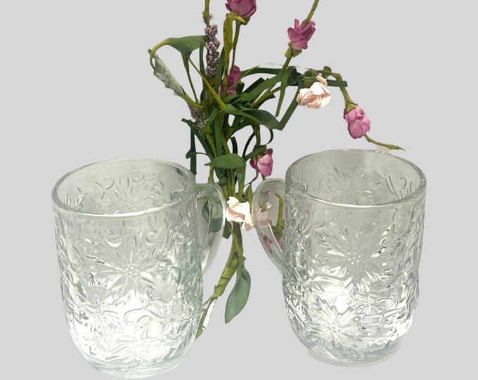 Fantasia  Mugs by Princess House, Glass Coffee Mugs, Hot Chocolate Mugs, Embossed Poinsettia Glass Mugs