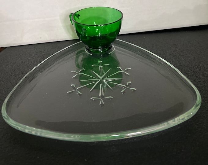 Indiana Glass Co Triangle Snowflake Snack Plates, Green Punch/ Snack Cups, Clear Cups/ Holiday Dessert Plate