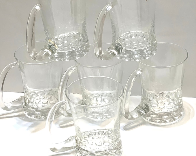 Libbey Knob Hill Clear Coffee Cups, Beer Mugs, Tea Cups with applied handles and bubble bottom/ Vintage Clear Mugs