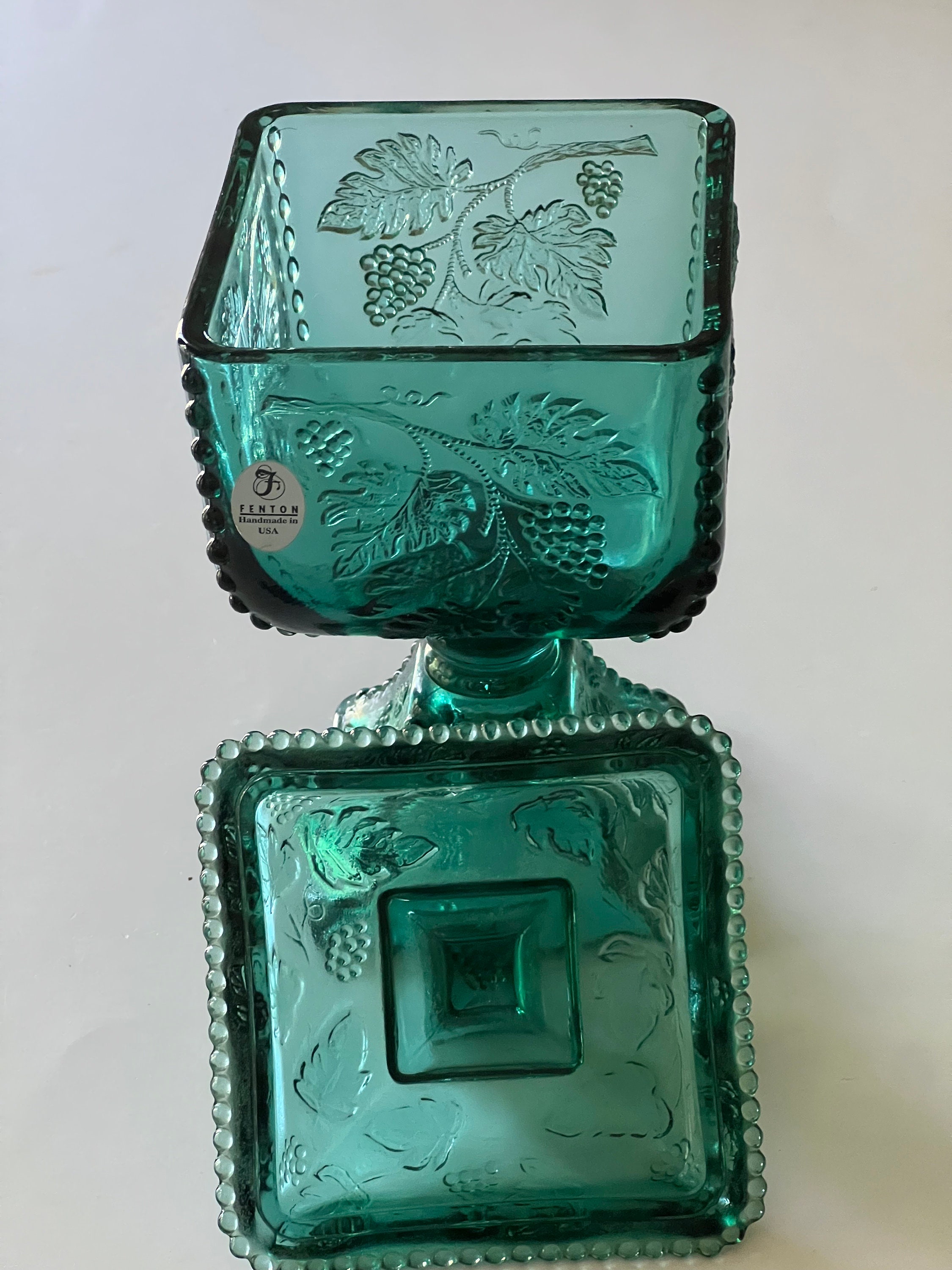 Vintage Fenton Spruce Green 7 1/2 Inch Square Covered Candy