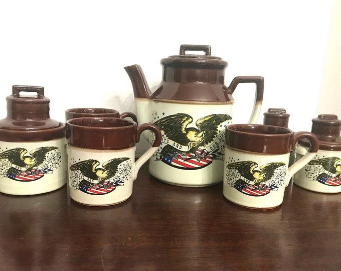 Vintage Ceramic Coffee Pot, Cups, Sugar Bowl, Salt and Pepper Shakers,  Our Rights and Liberty  Patriot Coffee Pot