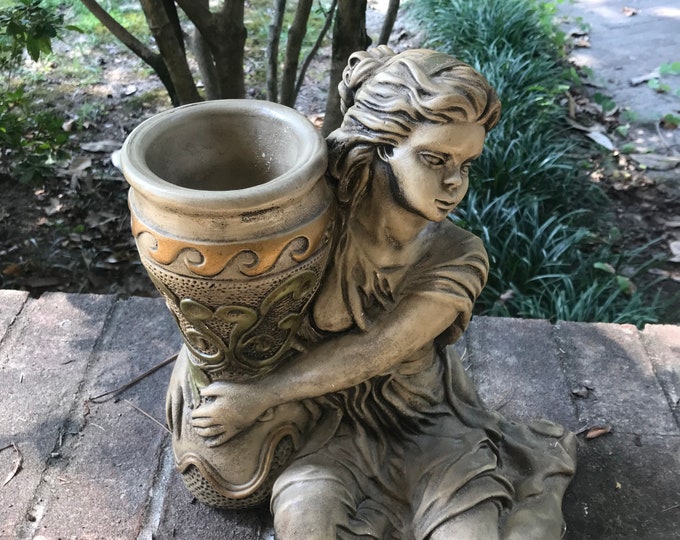 Vintage Chalkware Lady Sitting Hugging A Vase