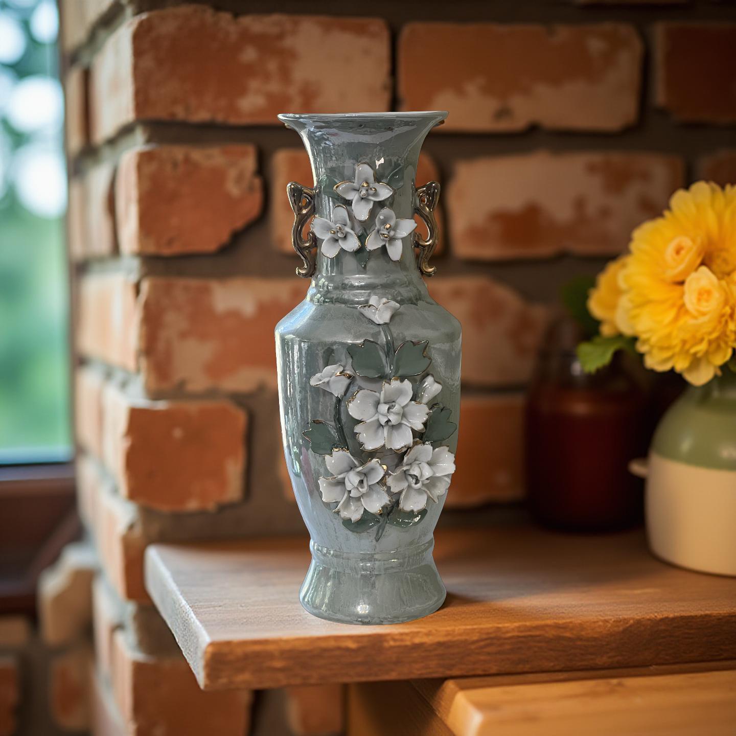 Vintage Studio Art Pottery Vase: Iridescent Drip Glaze, 3D Floral