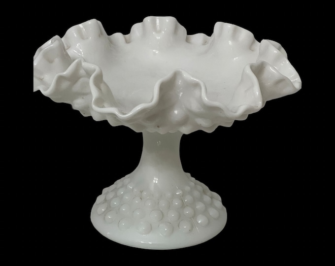 Fenton Hobnail  Milk Glass Ruffled Crimped Rim Bowl, White Pedestal Serving Bowl