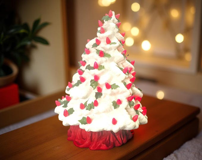 Vintage Lighted Ceramic Christmas Tree: Red Poinsettia, 1992