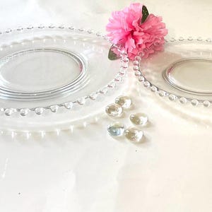 Op de afbeelding: Twee ovale borden van helder glas met een kralenrand en een kleiner ovaal midden. Een roze bloem en verschillende heldere decoratieve stenen zijn ook aanwezig. De borden zijn waarschijnlijk om te serveren of tentoon te stellen.