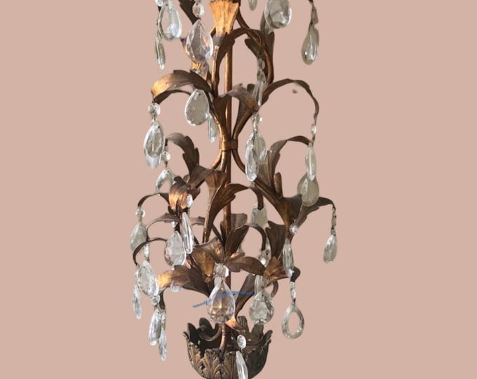 Vintage  Gold Leaf Italian Lamp with Leaves and Prisms