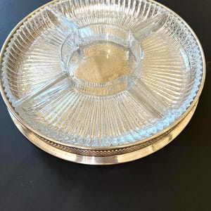 Vintage Silverplate Divided Glass Relish Dish, Silverplated Drink Serving Tray