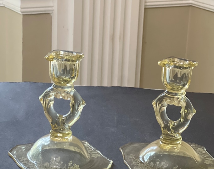 Vintage Paden City Yellow Etched Candlestick Holder