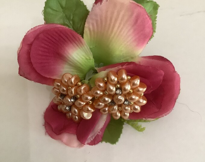 Orange, Gold Beads, Rhinestone Clip Earrings