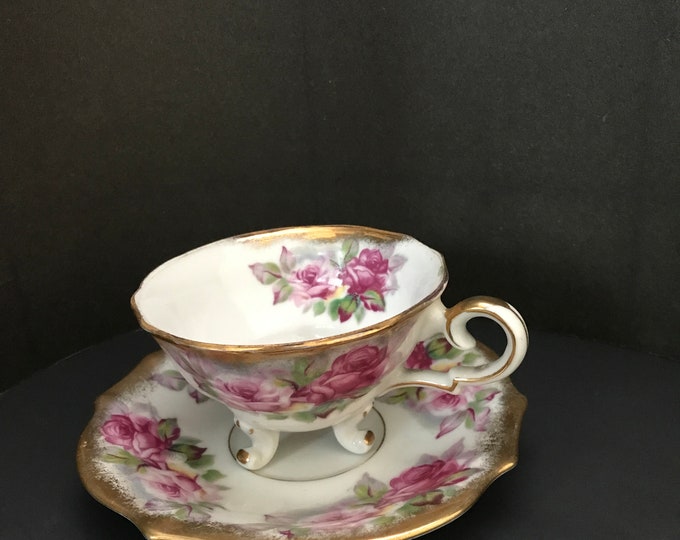 Vintage Tea Cup and Saucer, Pink Roses, by Ucagco Ceramics, Japan