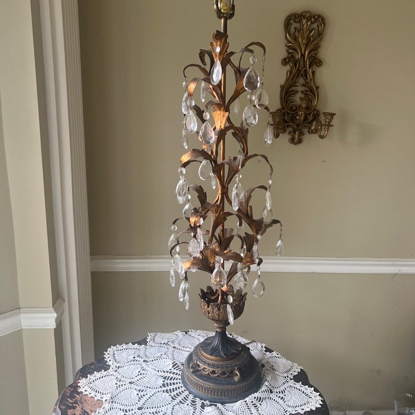 Vintage  Gold Leaf Italian Lamp with Leaves and Prisms